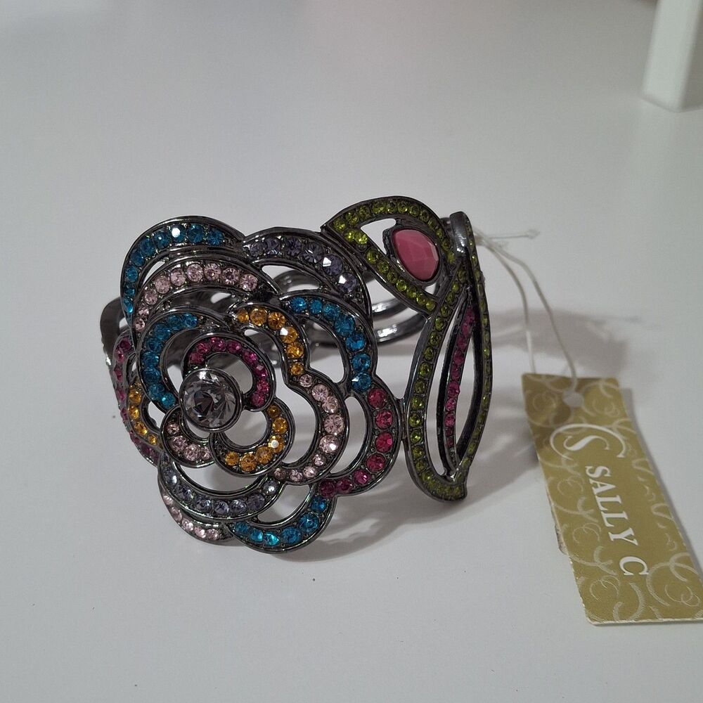 Sally C Colsabra Gun Metal Multi Color Stone Rose Flower Rhinestone Cuff Bangle